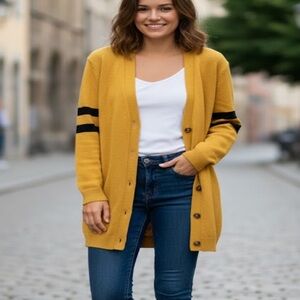 Mustard Open-Front Cardigan with Black Stripes